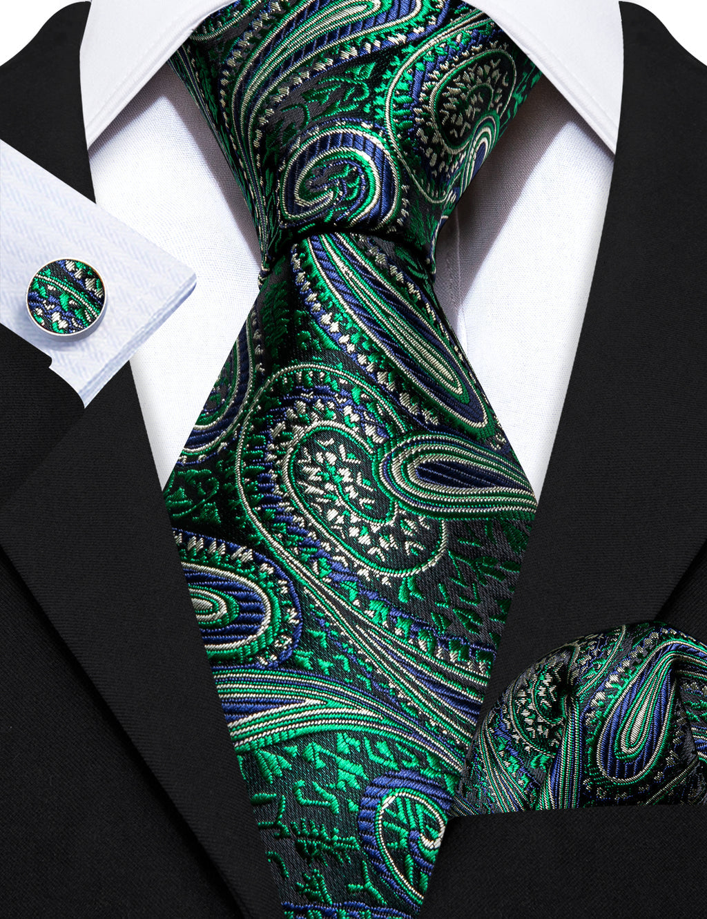 Green Jacquard Paisley Silk Tie, Pocket Square and Cufflinks Set tie sets - Sophisticated Gentlemen