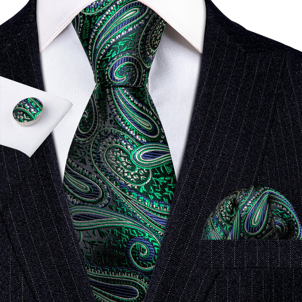 Green Jacquard Paisley Silk Tie, Pocket Square and Cufflinks Set tie sets - Sophisticated Gentlemen