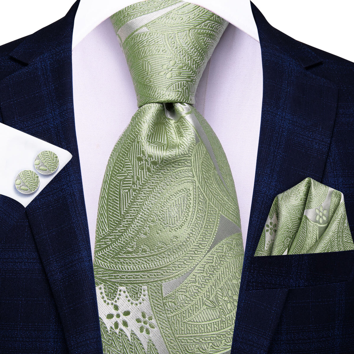 Green and Silver Floral Silk Tie, Pocket Square and Cufflinks tie sets - Sophisticated Gentlemen