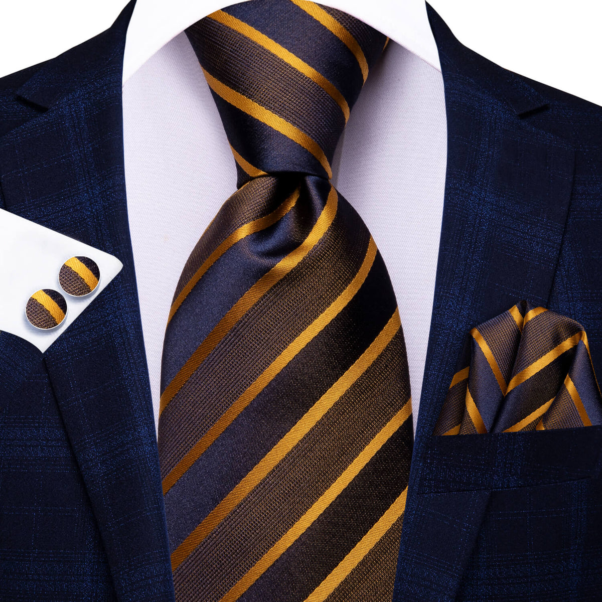 Gold, Brown and Blue Striped Silk Tie Set tie sets - Sophisticated Gentlemen
