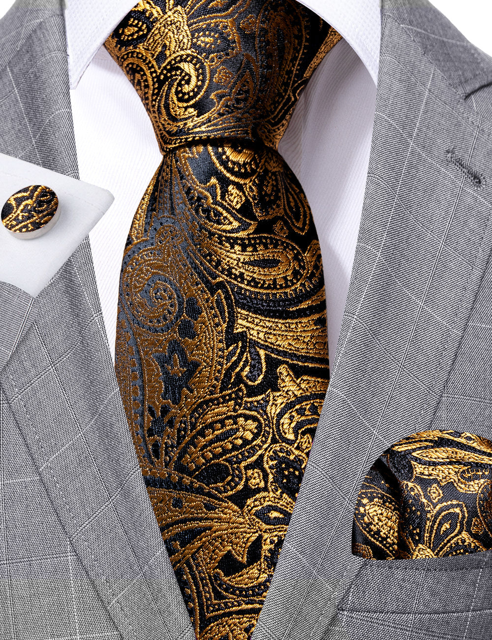 Black Gold Paisley Silk Tie, Pocket Square and Cufflinks Set tie sets - Sophisticated Gentlemen