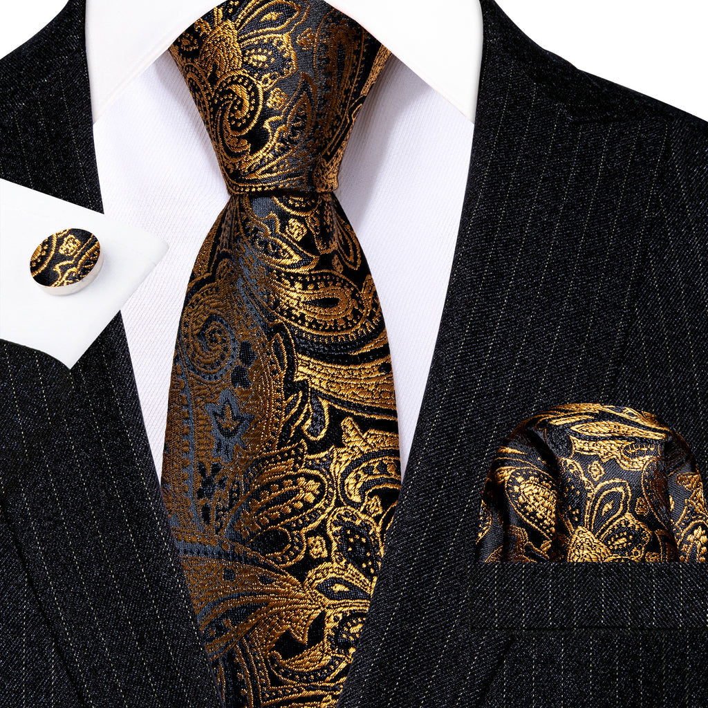 Black Gold Paisley Silk Tie, Pocket Square and Cufflinks Set tie sets - Sophisticated Gentlemen
