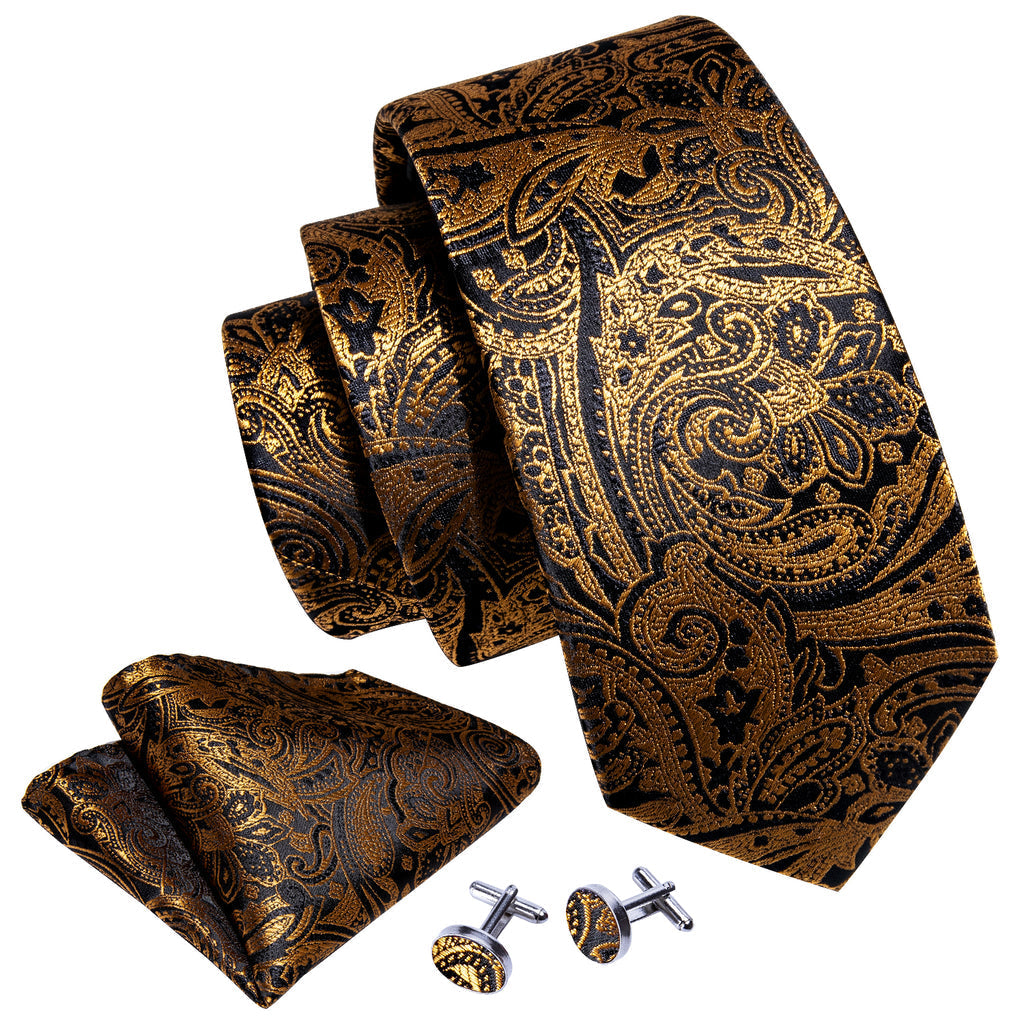 Black Gold Paisley Silk Tie, Pocket Square and Cufflinks Set tie sets - Sophisticated Gentlemen