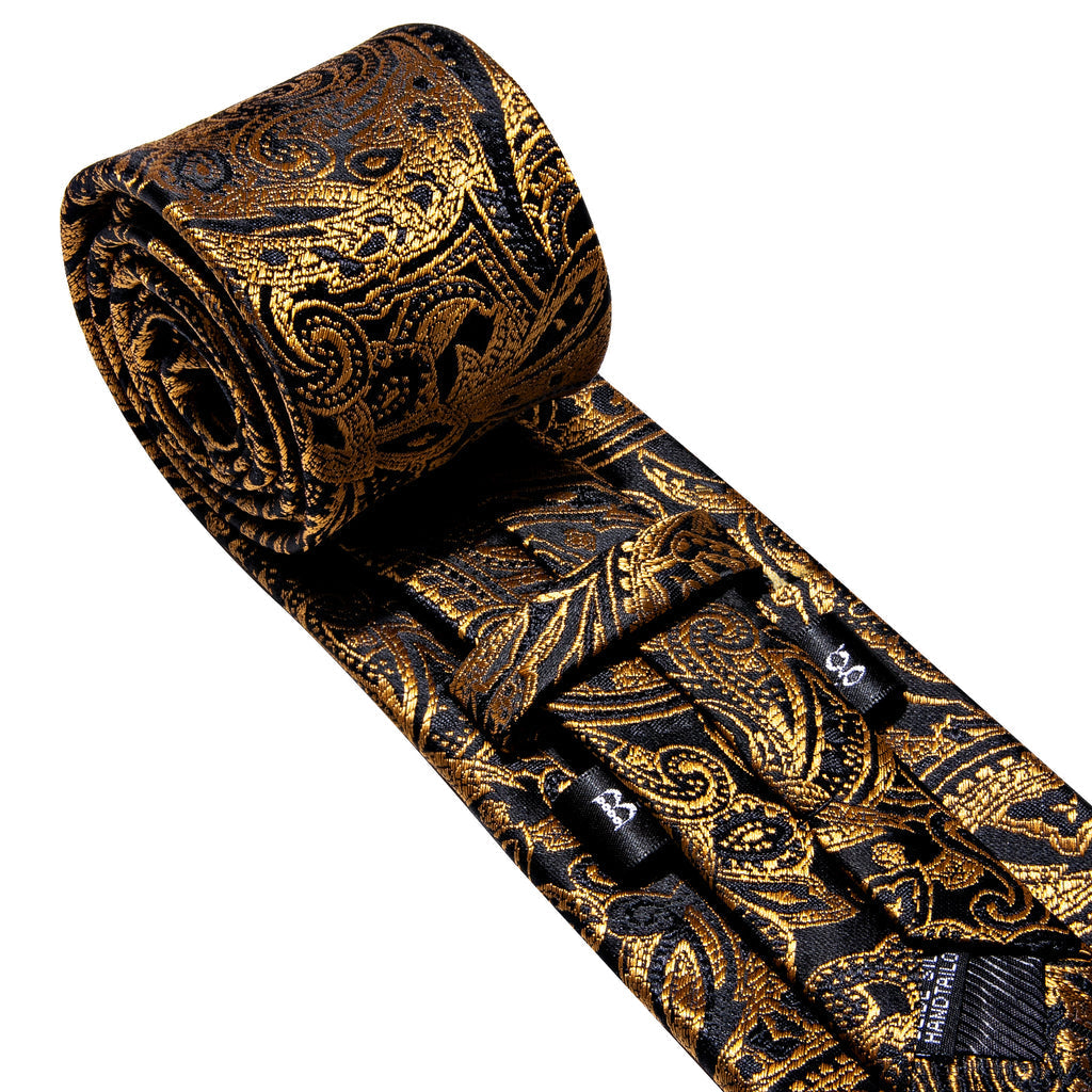 Black Gold Paisley Silk Tie, Pocket Square and Cufflinks Set tie sets - Sophisticated Gentlemen