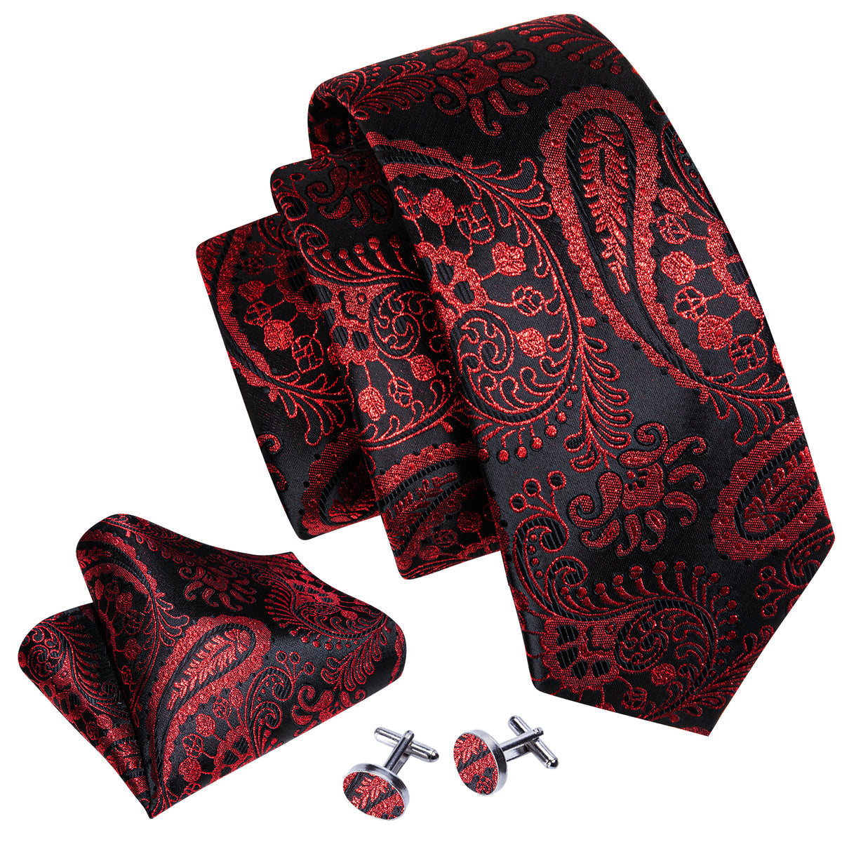 Red Black Paisley Silk Tie, Pocket Square and Cufflinks Set tie sets - Sophisticated Gentlemen