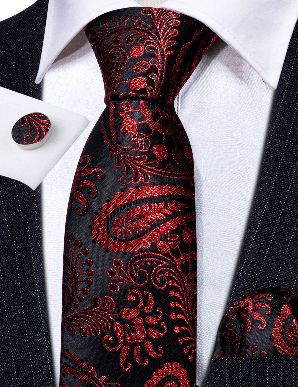 Red Black Paisley Silk Tie, Pocket Square and Cufflinks Set tie sets - Sophisticated Gentlemen