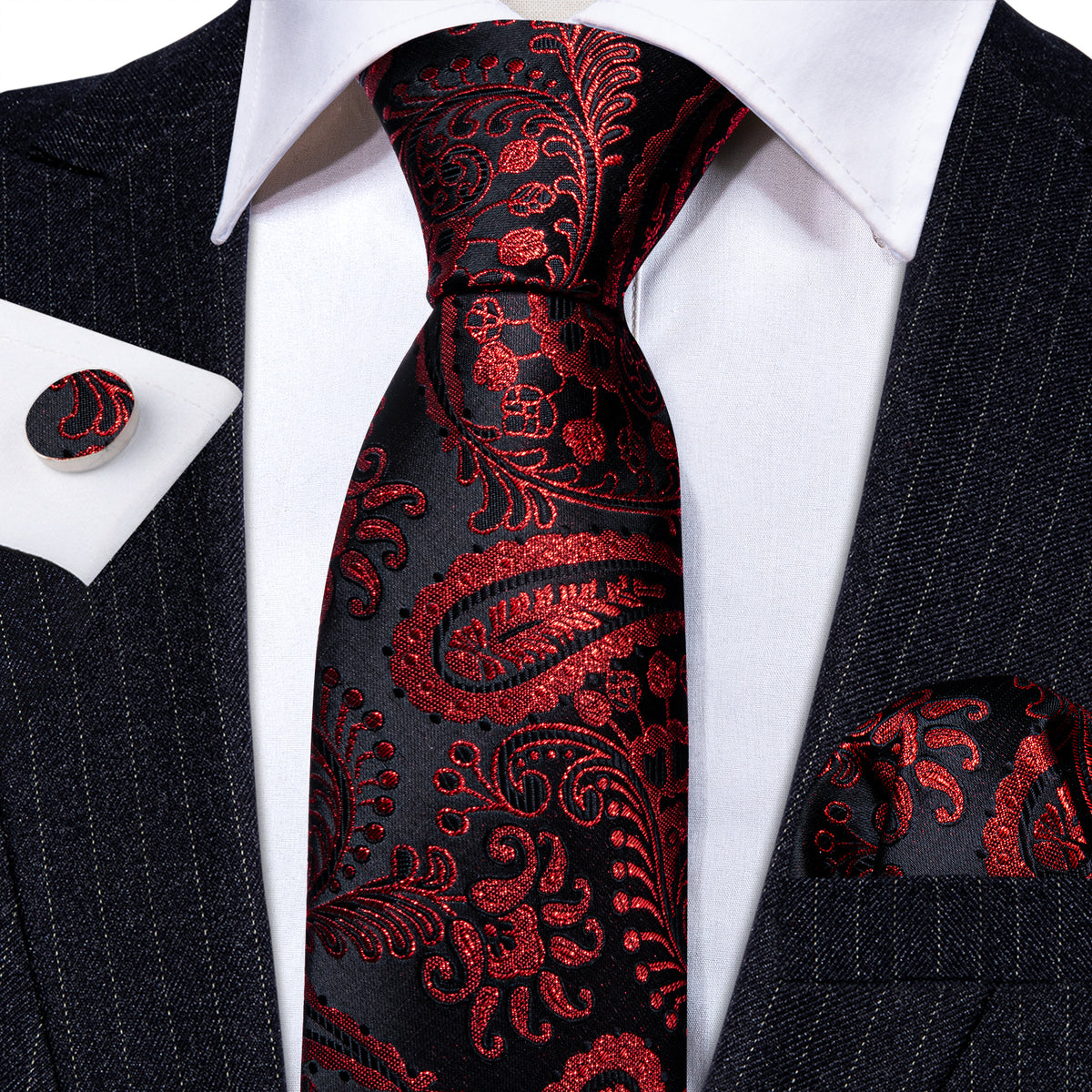Red Black Paisley Silk Tie, Pocket Square and Cufflinks Set tie sets - Sophisticated Gentlemen
