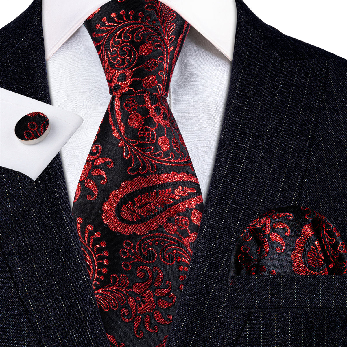 Red Black Paisley Silk Tie, Pocket Square and Cufflinks Set tie sets - Sophisticated Gentlemen