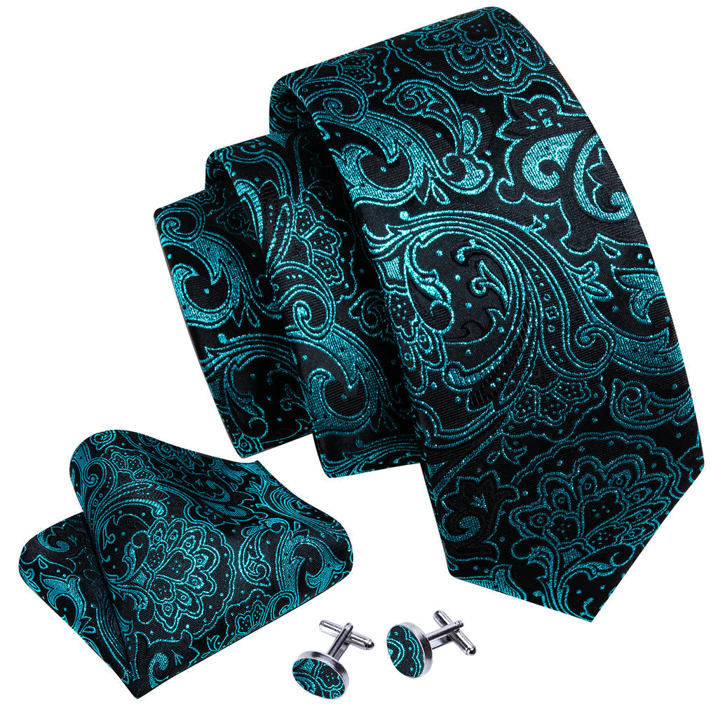 Blue Black Paisley Silk Tie, Pocket Square and Cufflinks Set tie sets - Sophisticated Gentlemen