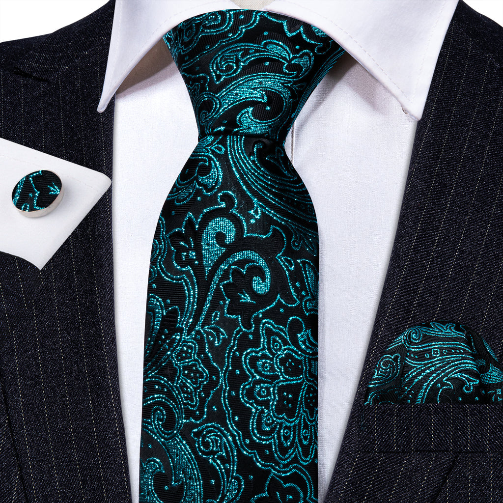 Blue Black Paisley Silk Tie, Pocket Square and Cufflinks Set tie sets - Sophisticated Gentlemen