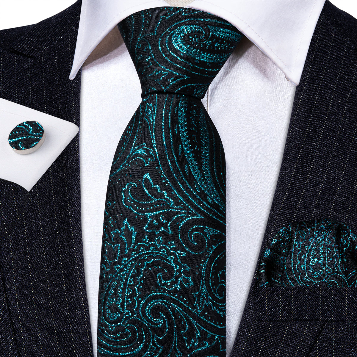Black Deep Green Paisley Silk Tie, Pocket Square and Cufflinks Set tie sets - Sophisticated Gentlemen