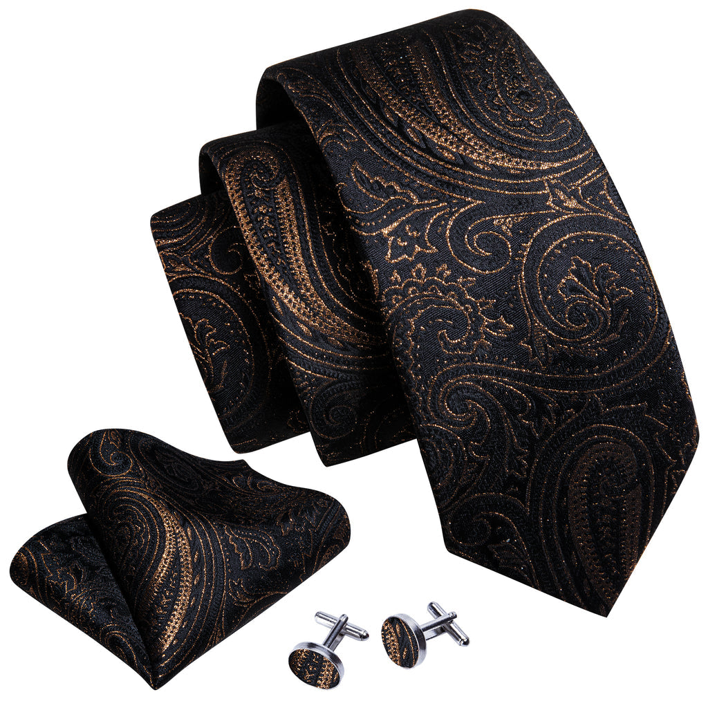 Classic Black Paisley Silk Tie, Pocket Square and Cufflinks Set tie sets - Sophisticated Gentlemen