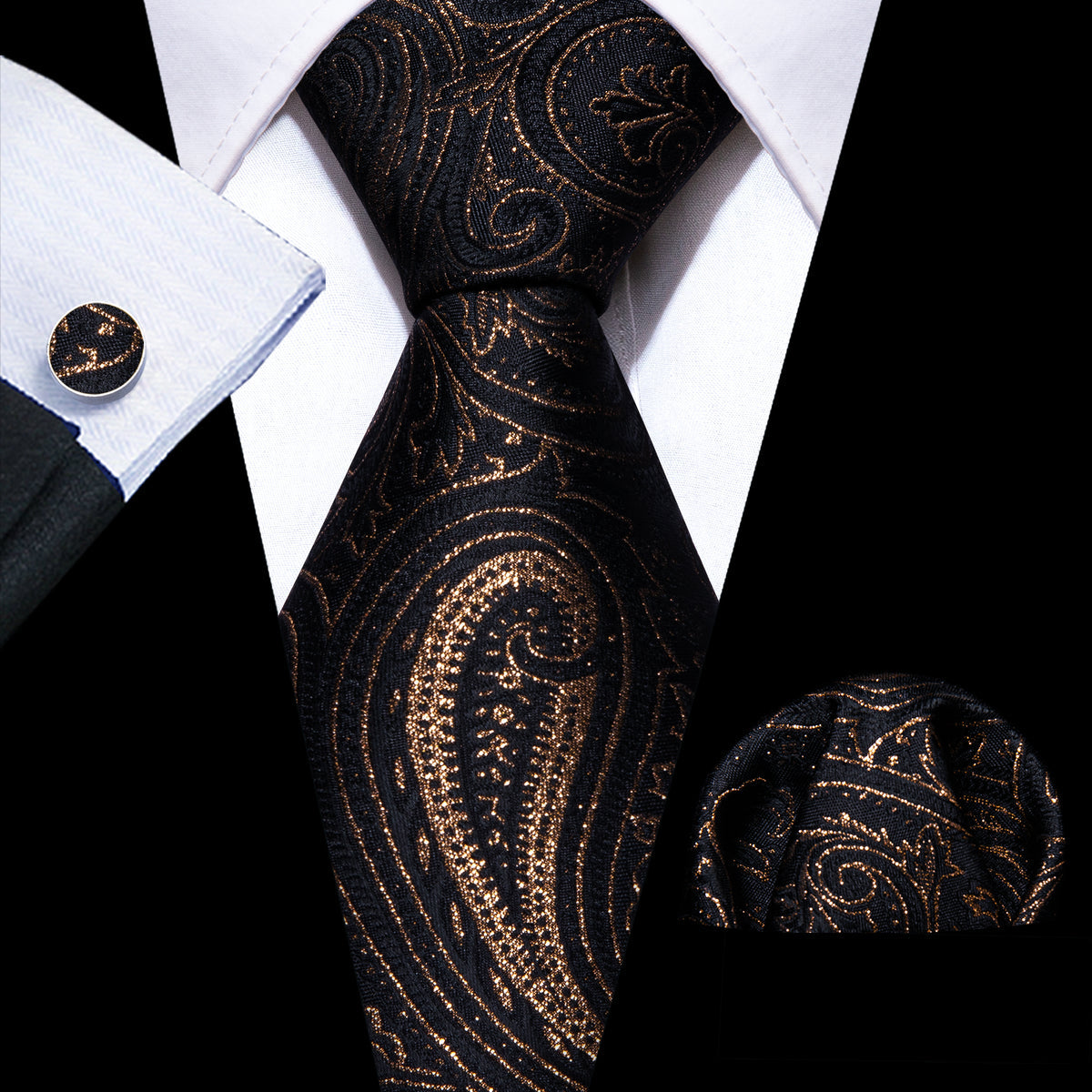 Classic Black Paisley Silk Tie, Pocket Square and Cufflinks Set tie sets - Sophisticated Gentlemen