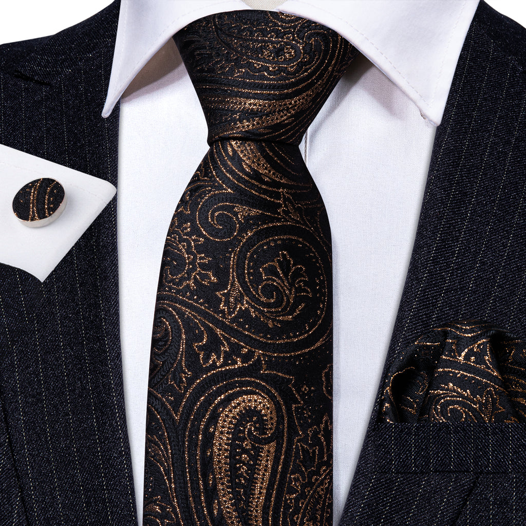 Classic Black Paisley Silk Tie, Pocket Square and Cufflinks Set tie sets - Sophisticated Gentlemen