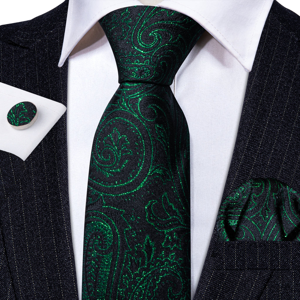 Green Black Paisley Silk Tie, Pocket Square and Cufflinks Set tie sets - Sophisticated Gentlemen