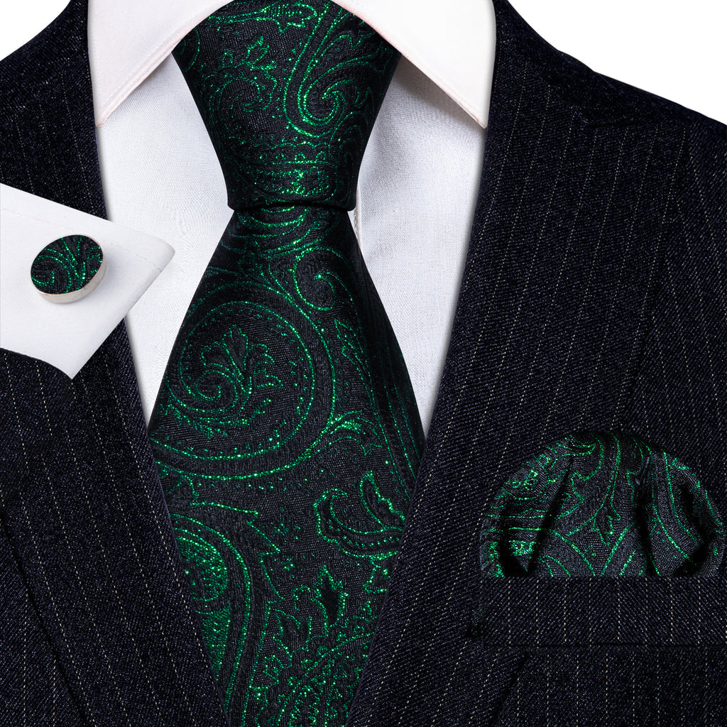 Green Black Paisley Silk Tie, Pocket Square and Cufflinks Set tie sets - Sophisticated Gentlemen