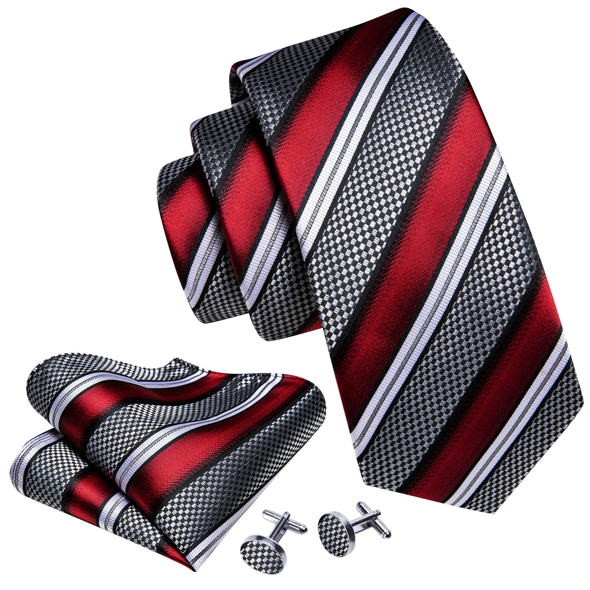 Red Gray Striped Novelty Silk Tie, Pocket Square and Cufflinks Set tie sets - Sophisticated Gentlemen