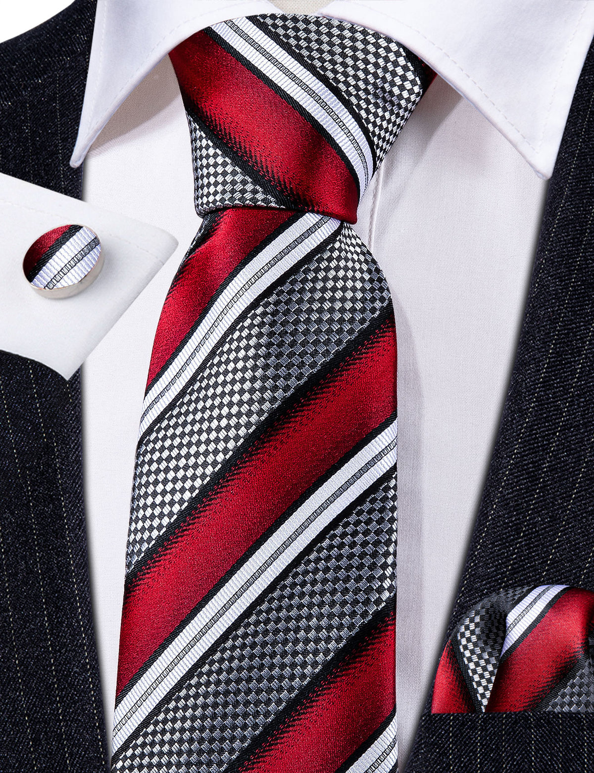 Red Gray Striped Novelty Silk Tie, Pocket Square and Cufflinks Set tie sets - Sophisticated Gentlemen