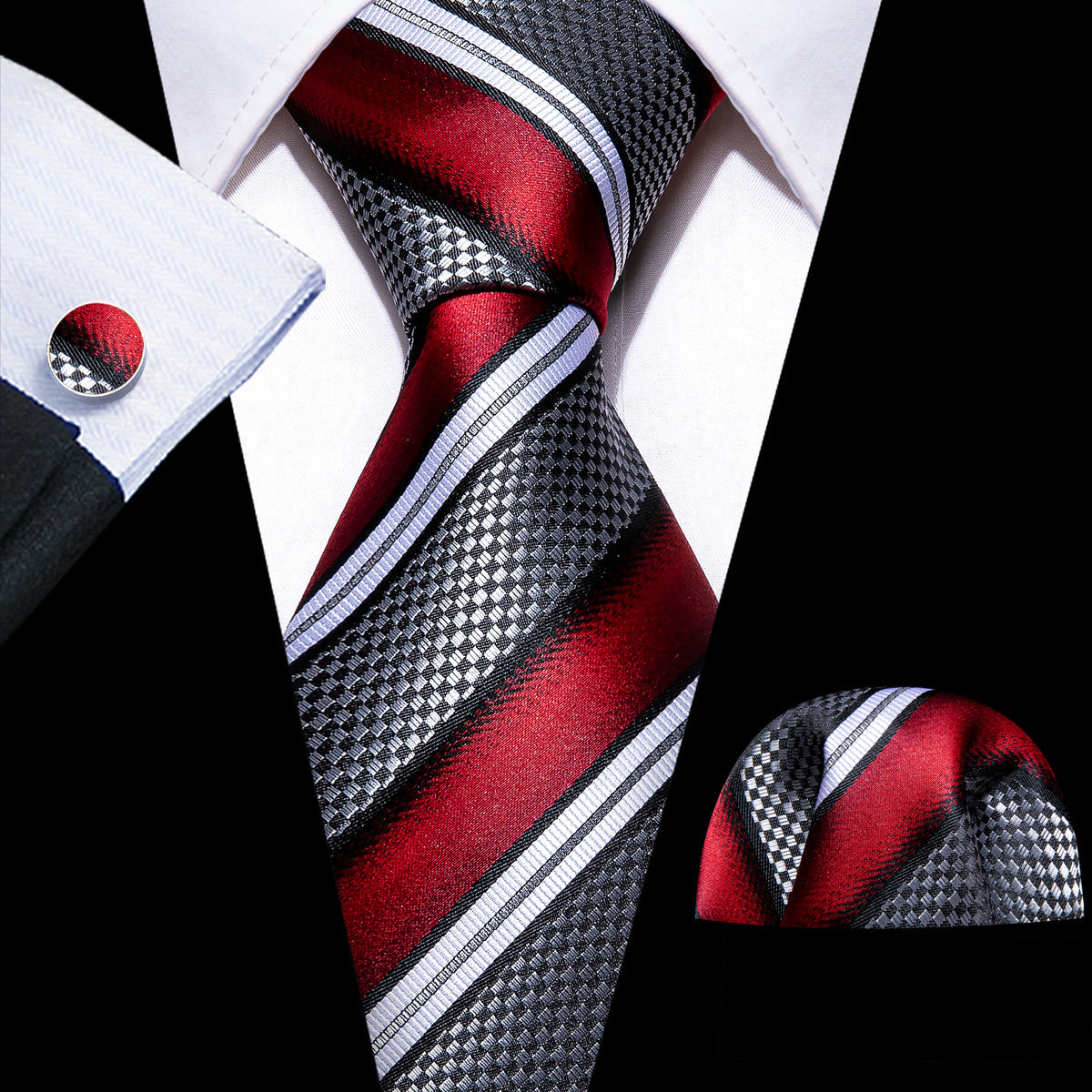 Red Gray Striped Novelty Silk Tie, Pocket Square and Cufflinks Set tie sets - Sophisticated Gentlemen