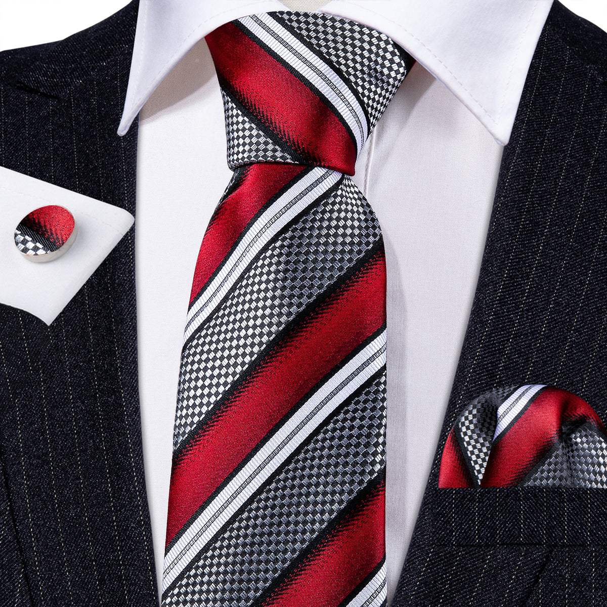Red Gray Striped Novelty Silk Tie, Pocket Square and Cufflinks Set tie sets - Sophisticated Gentlemen