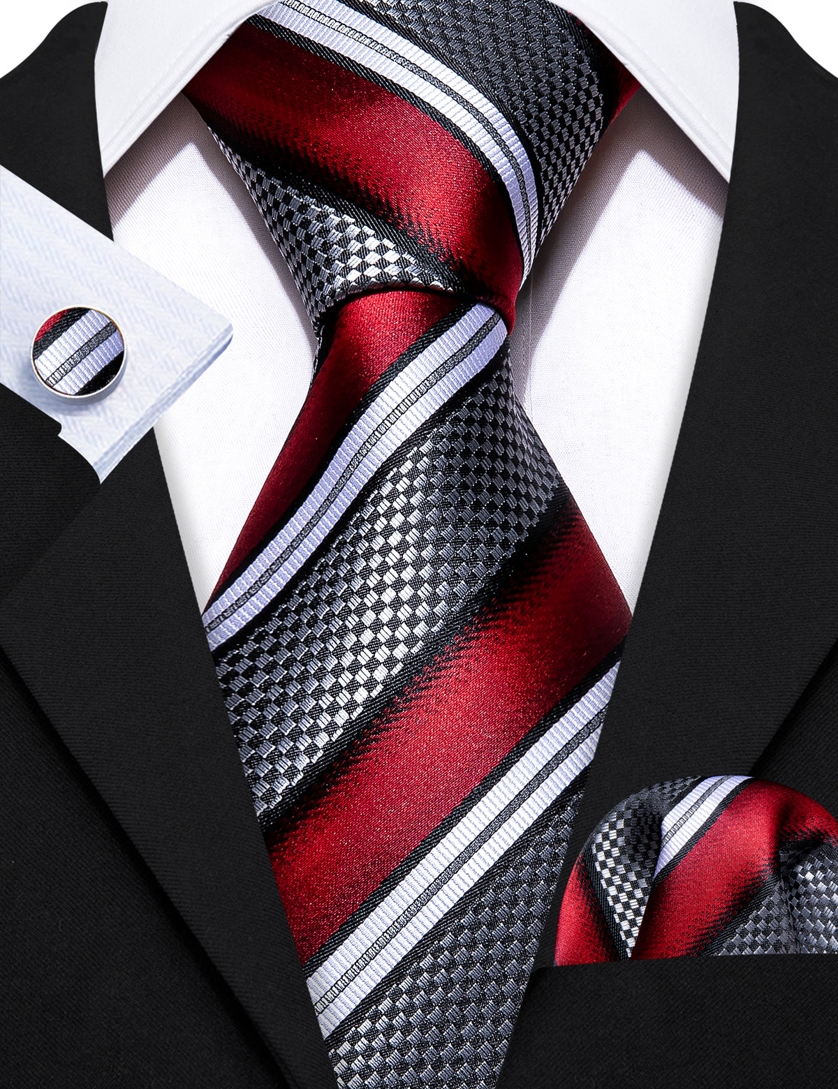 Red Gray Striped Novelty Silk Tie, Pocket Square and Cufflinks Set tie sets - Sophisticated Gentlemen