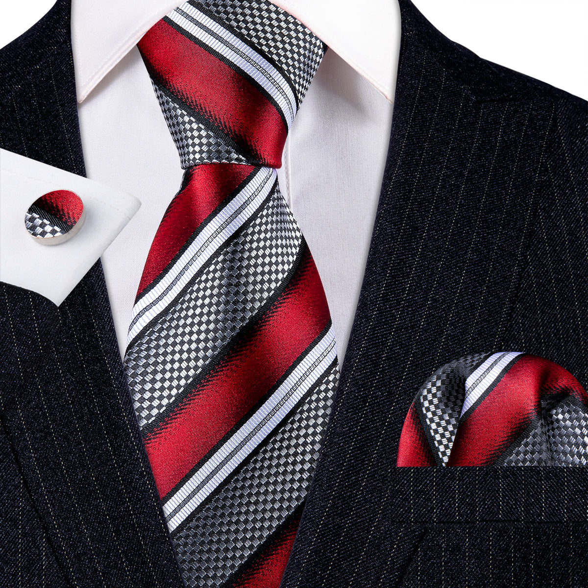 Red Gray Striped Novelty Silk Tie, Pocket Square and Cufflinks Set tie sets - Sophisticated Gentlemen