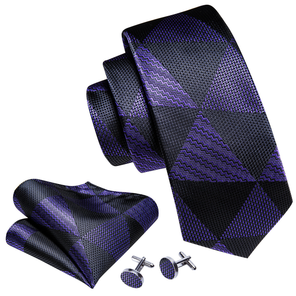 Purple and Black Geometric Tie, Pocket Square, and Cufflinks Set tie sets - Sophisticated Gentlemen