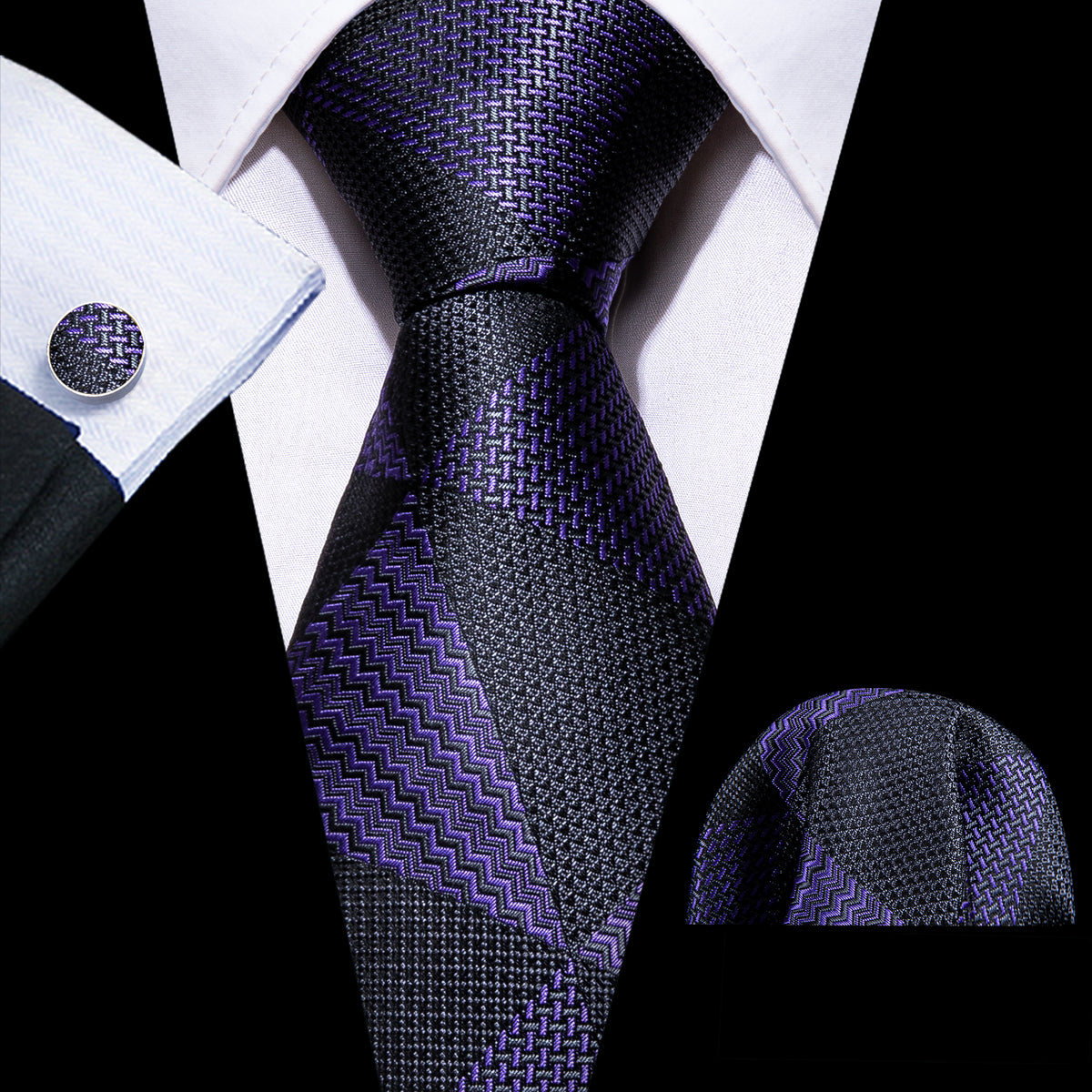 Purple and Black Geometric Tie, Pocket Square, and Cufflinks Set tie sets - Sophisticated Gentlemen