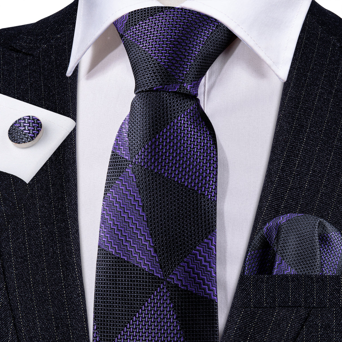 Purple and Black Geometric Tie, Pocket Square, and Cufflinks Set tie sets - Sophisticated Gentlemen