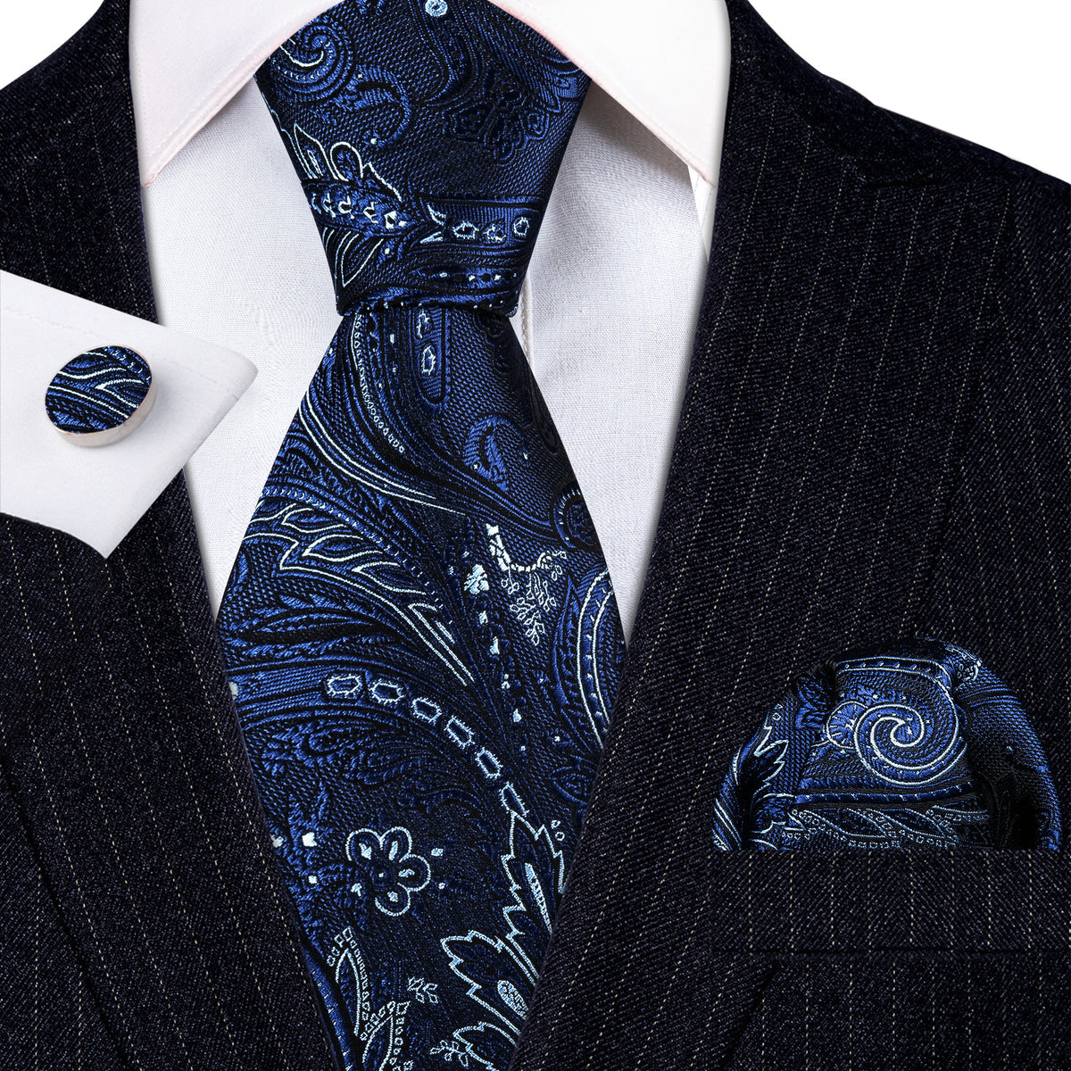 Blue Paisley Silk Tie, Pocket Square and Cufflinks Set tie sets - Sophisticated Gentlemen