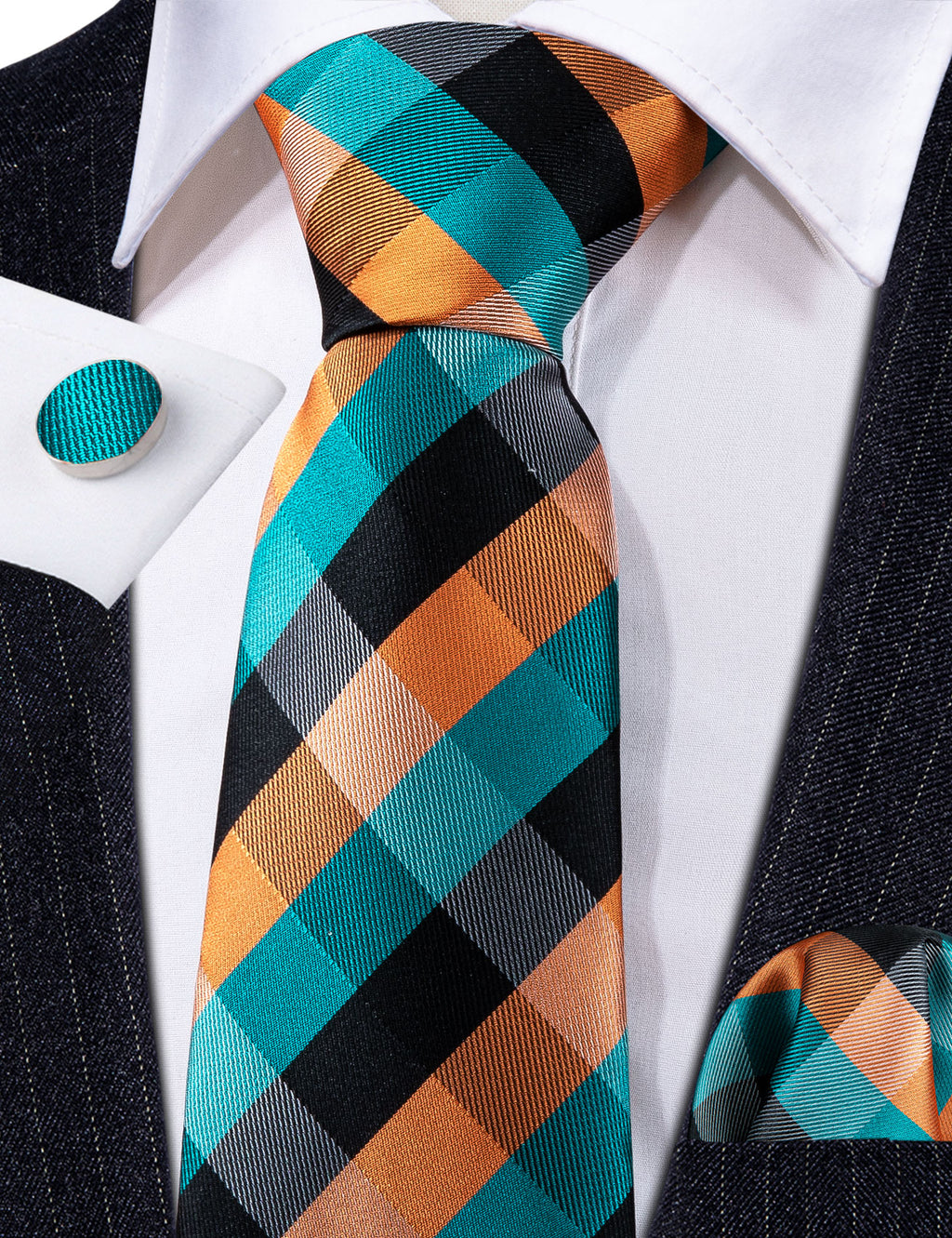 Blue Orange Plaid Silk Tie, Pocket Square and Cufflinks Set tie sets    - Sophisticated Gentlemen