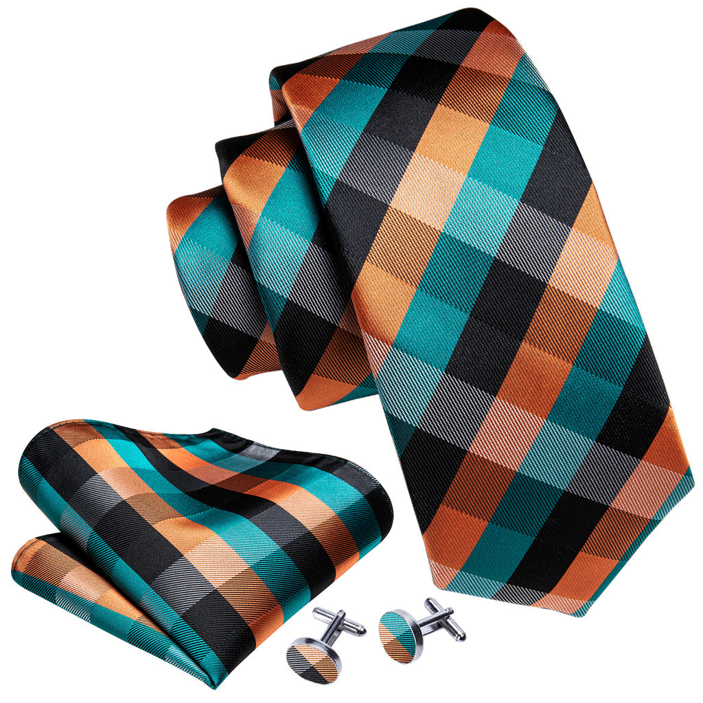Blue Orange Plaid Silk Tie, Pocket Square and Cufflinks Set tie sets    - Sophisticated Gentlemen