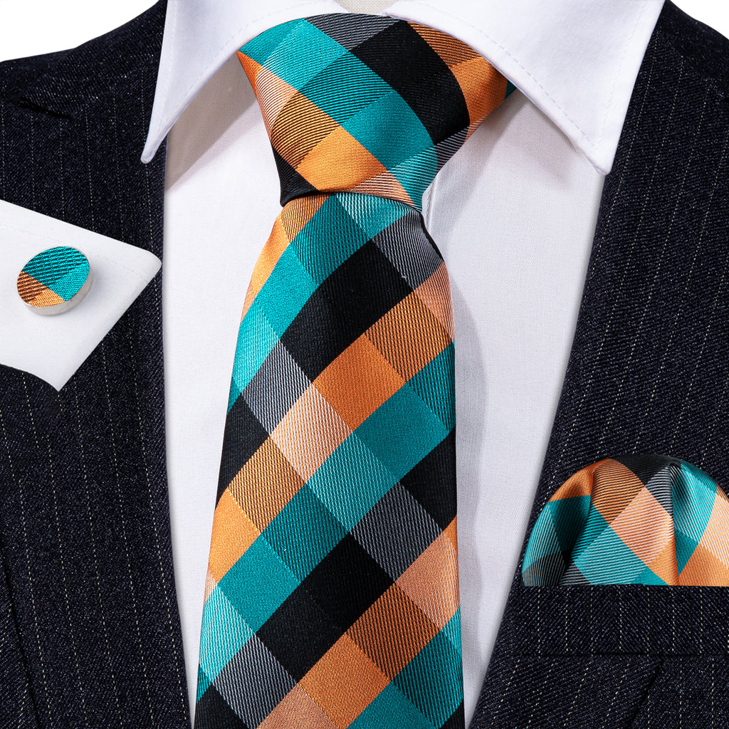 Blue Orange Plaid Silk Tie, Pocket Square and Cufflinks Set tie sets    - Sophisticated Gentlemen