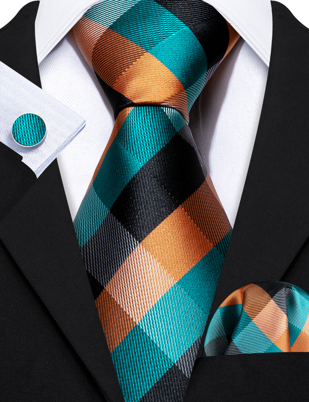 Blue Orange Plaid Silk Tie, Pocket Square and Cufflinks Set tie sets    - Sophisticated Gentlemen
