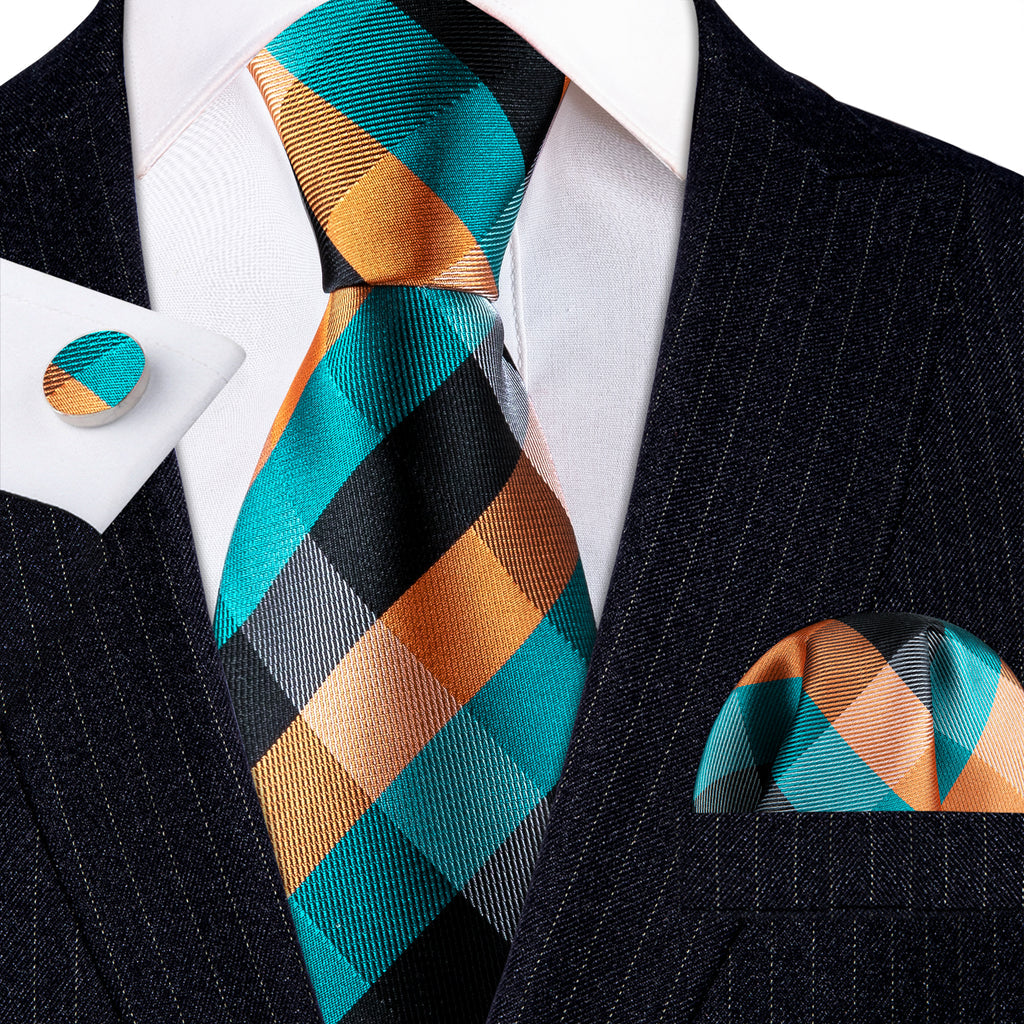 Blue Orange Plaid Silk Tie, Pocket Square and Cufflinks Set tie sets    - Sophisticated Gentlemen