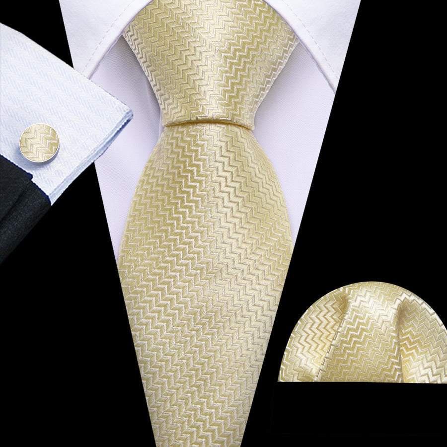 Cream Yellow Silk XL Tie, Pocket Square and Cufflinks tie sets - Sophisticated Gentlemen