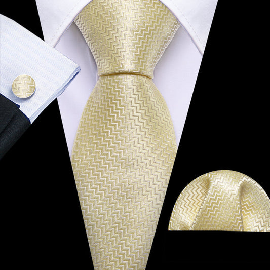 Cream Yellow Silk XL Tie, Pocket Square and Cufflinks tie sets    - Sophisticated Gentlemen