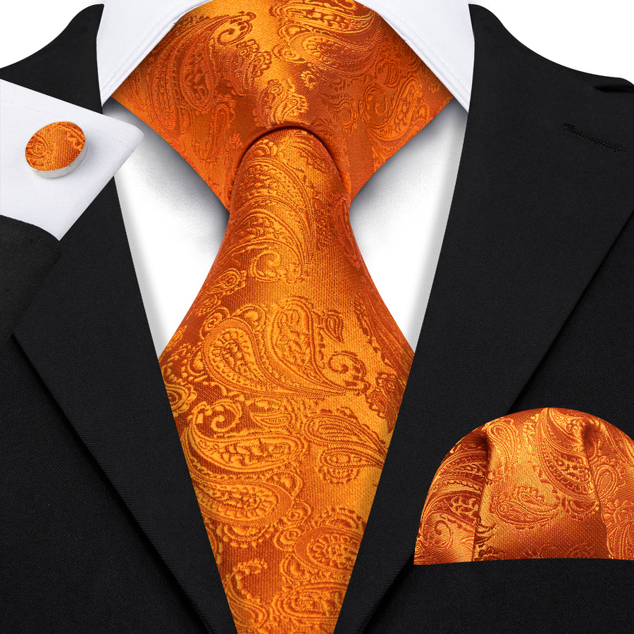 Orange Paisley XL Tie, Pocket Square and Cufflinks tie sets - Sophisticated Gentlemen