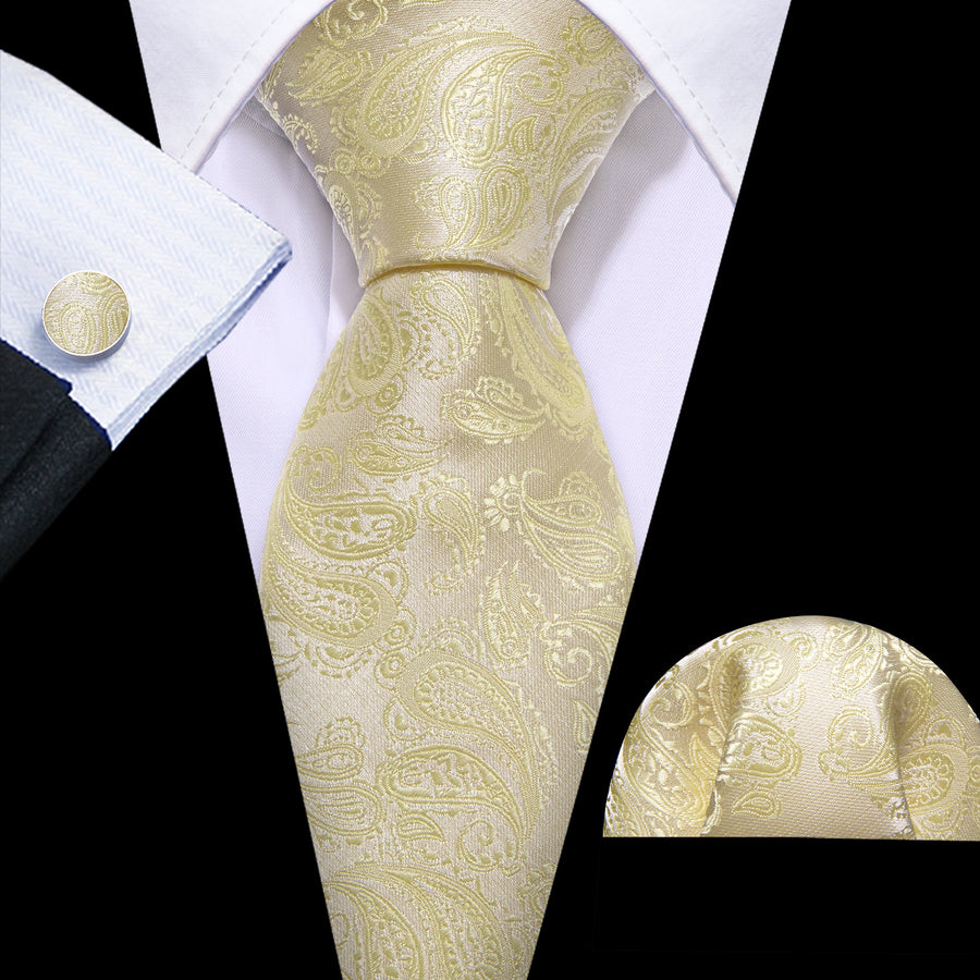 Cream Yellow Paisley XL Tie, Pocket Square and Cufflinks tie sets - Sophisticated Gentlemen