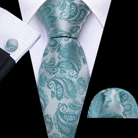 Seafoam Blue Paisley XL Tie, Pocket Square and Cufflinks tie sets    - Sophisticated Gentlemen