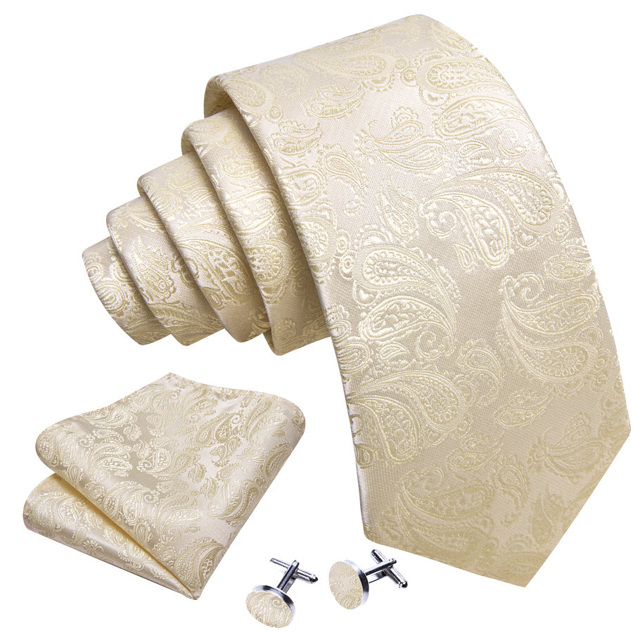 Ivory Paisley XL Tie, Pocket Square and Cufflinks tie sets - Sophisticated Gentlemen