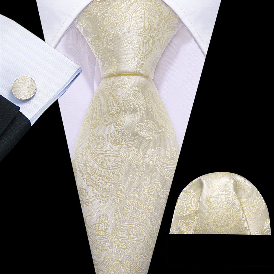 Ivory Paisley XL Tie, Pocket Square and Cufflinks tie sets - Sophisticated Gentlemen