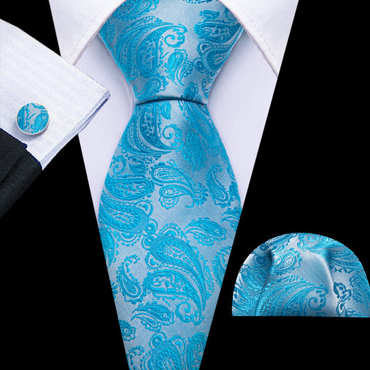 Sky Blue Paisley XL Tie, Pocket Square and Cufflinks tie sets    - Sophisticated Gentlemen