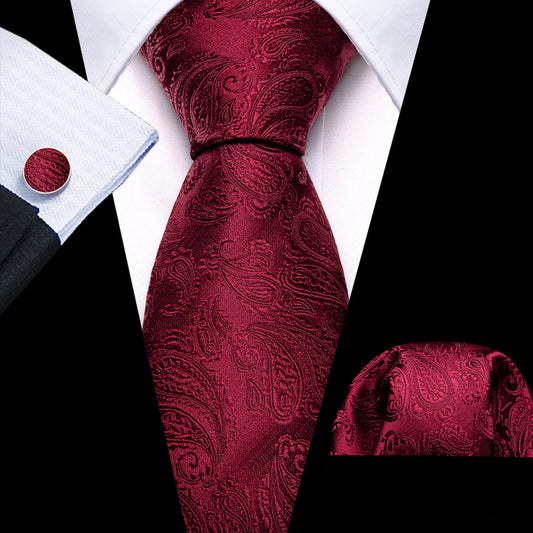 Red Paisley Silk XL Tie, Pocket Square and Cufflinks tie sets    - Sophisticated Gentlemen