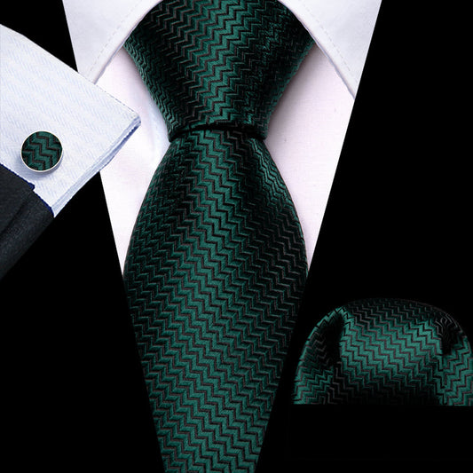 Dark Green Silk XL Tie, Pocket Square and Cufflinks tie sets    - Sophisticated Gentlemen