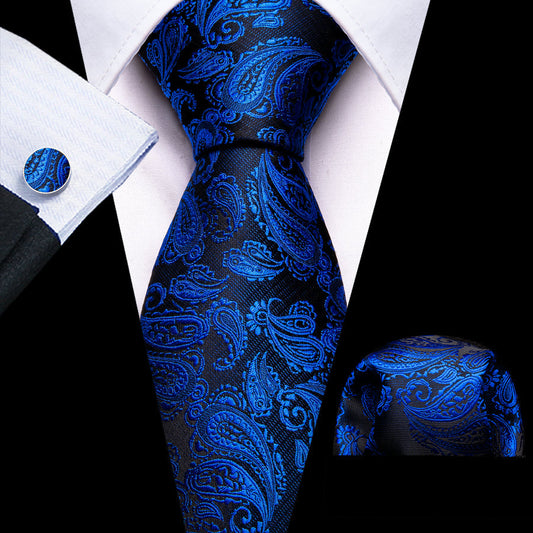 Deep Blue Paisley XL Tie, Pocket Square and Cufflinks tie sets    - Sophisticated Gentlemen