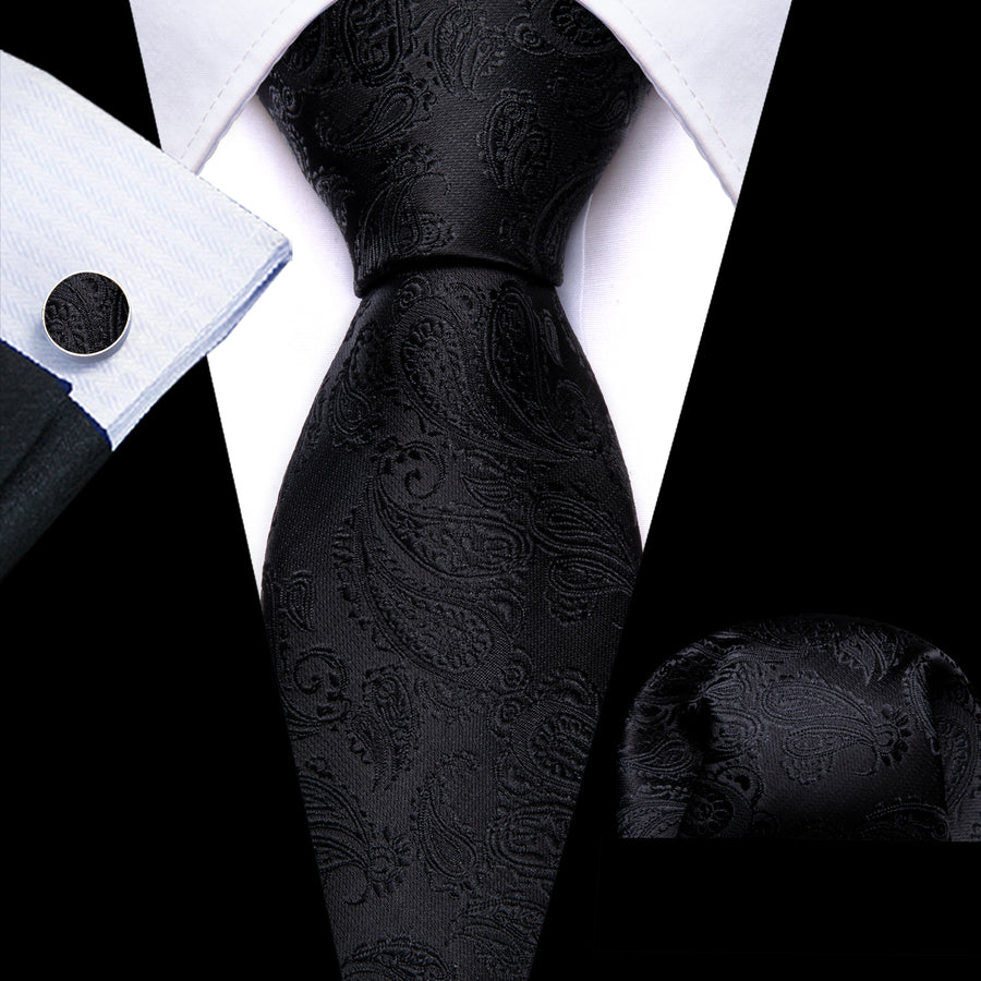 Black Paisley XL Tie, Pocket Square and Cufflinks tie sets - Sophisticated Gentlemen