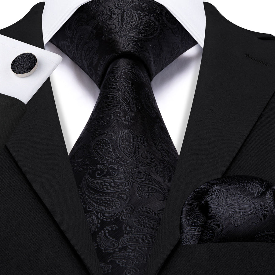 Black Paisley XL Tie, Pocket Square and Cufflinks tie sets - Sophisticated Gentlemen