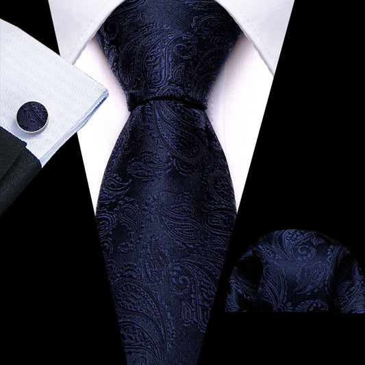 Navy Blue Paisley XL Tie, Pocket Square and Cufflinks tie sets    - Sophisticated Gentlemen