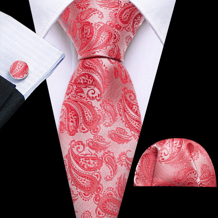Coral and Red Paisley XL Tie, Pocket Square and Cufflinks tie sets - Sophisticated Gentlemen